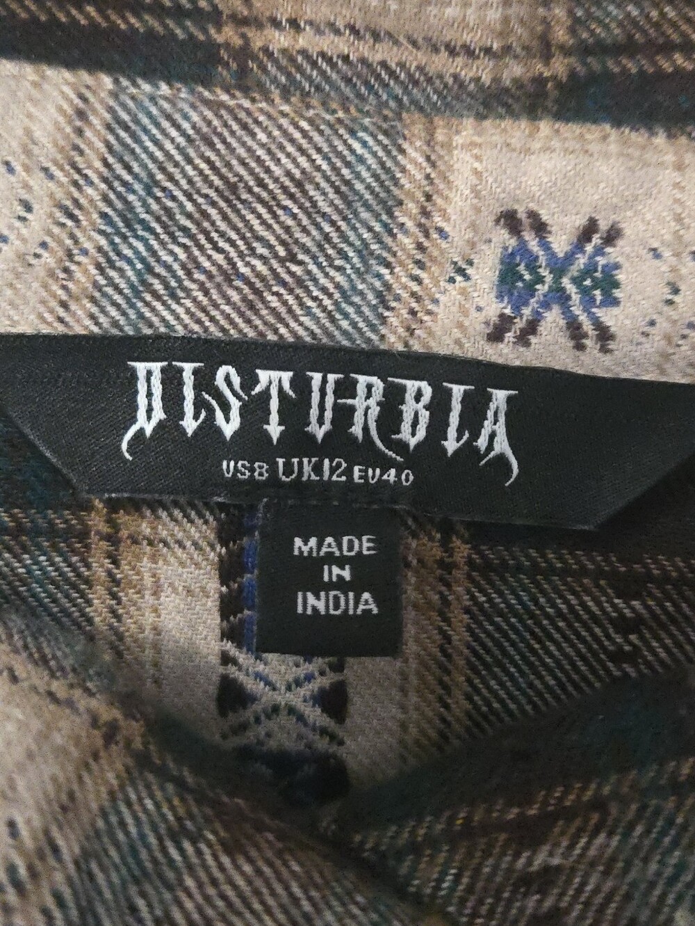 Disturbia Plaid Button-Up Long Sleeve Dress in Beige, Black and Blue - Picture 2 of 7
